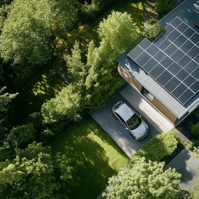 Luftaufnahme eines Wohnhauses mit Photovoltaikanlage, umgeben von Bäumen