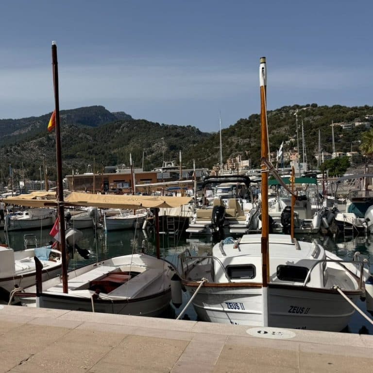 Hafen von Port de Sóller mit Booten vor der Bergkulisse