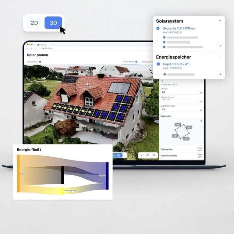 Reonic-Planungsoberfläche mit 3D-Modell eines Daches und Modulbelegung